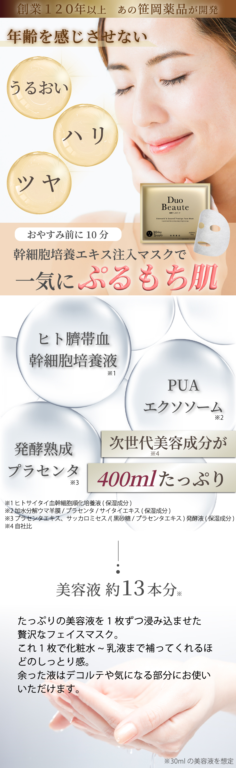 PUAエクソソーム、ヒト臍帯血幹細胞培養液、発酵熟成プラセンタ次世代美容成分がたっぷり！肌にうるおい、ハリ、ツヤを与える