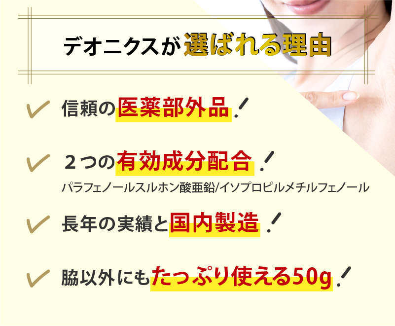 笹岡デオニクスが選ばれるのは信頼ができる医薬部外品、2つの有効成分配合、長年の実績と国内製造、脇以外にもたっぷり使える50gの４つ！